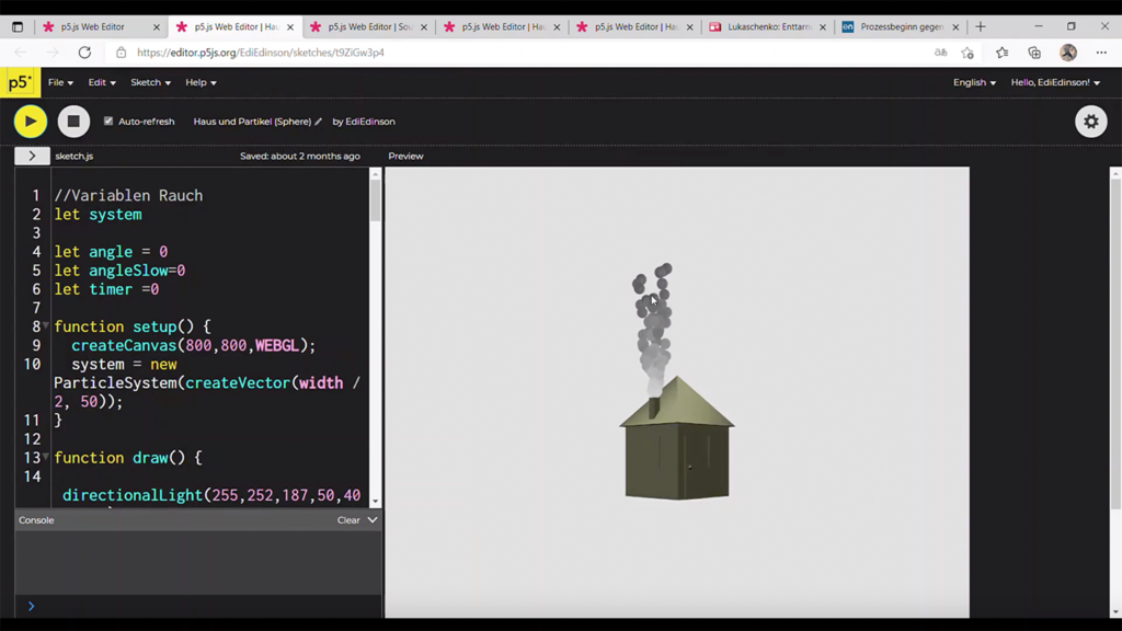 p5.js Experiment mit 3D Programmierung: Haus mit Rauch